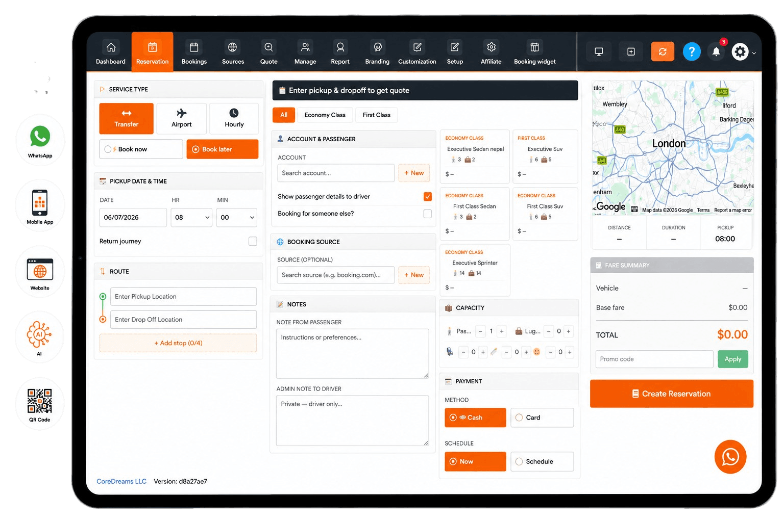 AtoZ Dispatch limo booking software dashboard
