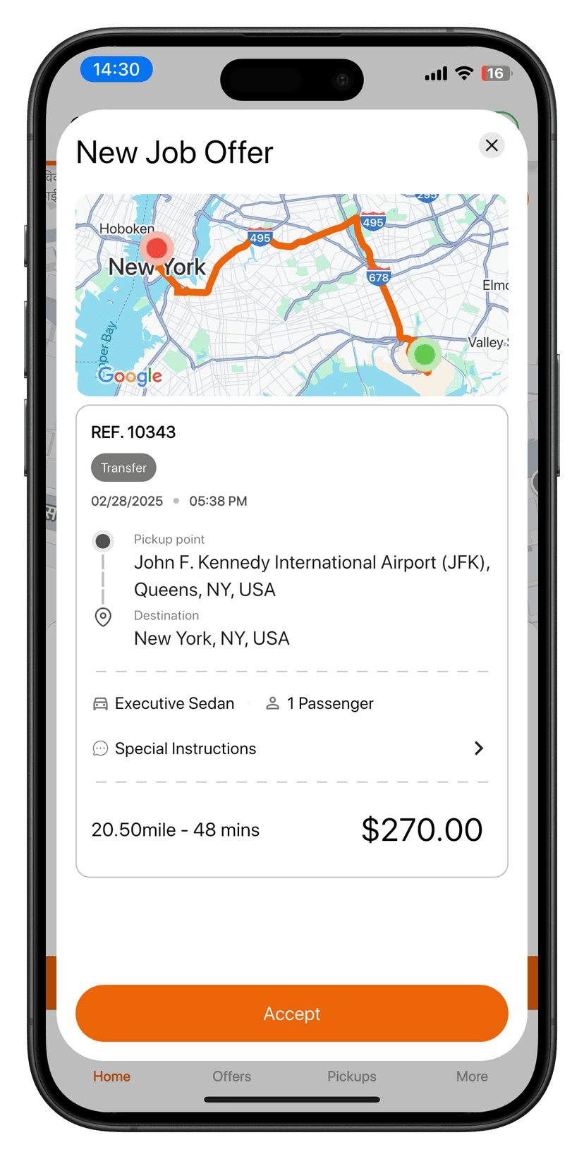 Driver app job offer screen with pickup, destination, and fare