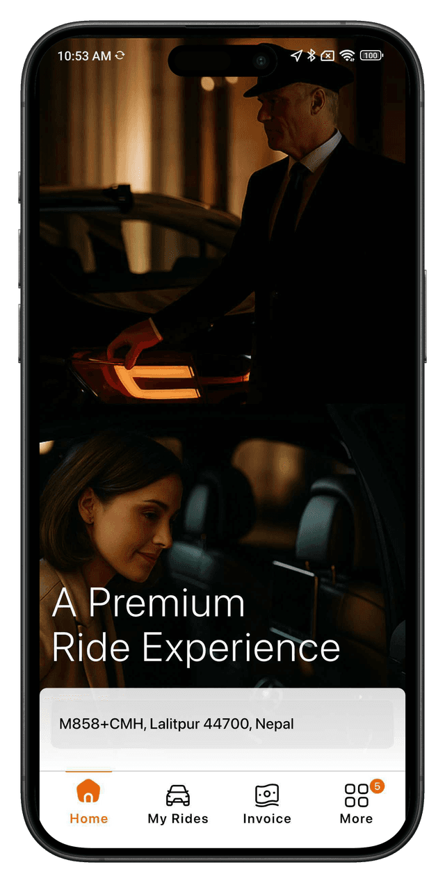 AtoZ Dispatch passenger app showing the premium black car ride experience