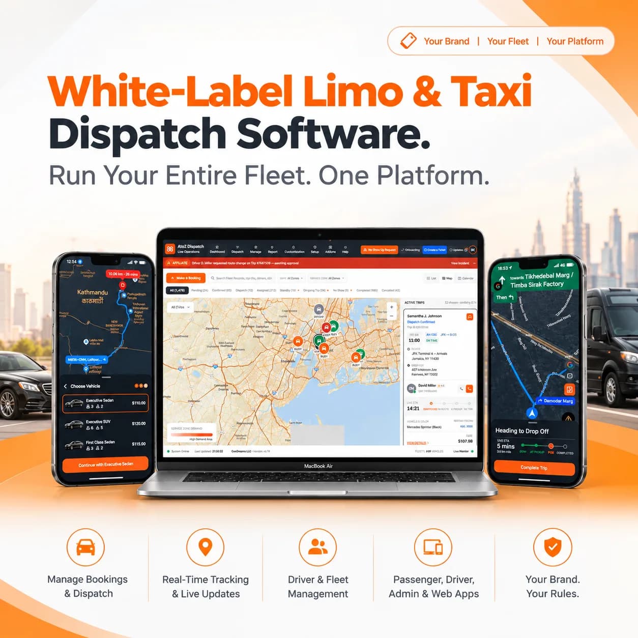 AtoZ white-label limo and taxi dispatch software on a laptop dispatch console, a passenger booking app, and a driver navigation app