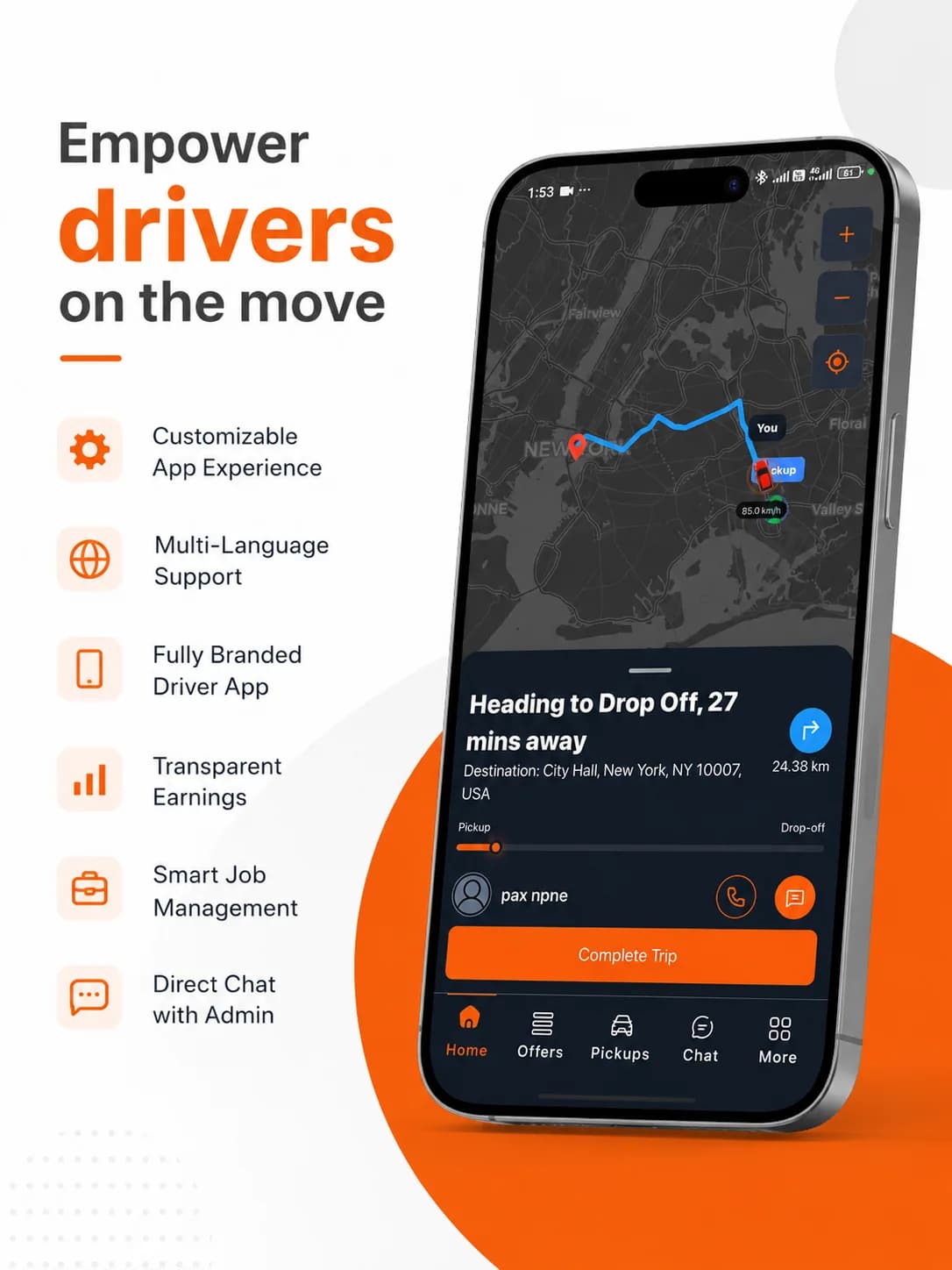 AtoZ branded chauffeur and driver app showing a live trip heading to drop-off, with the passenger's name, call and chat buttons, and a Complete Trip button