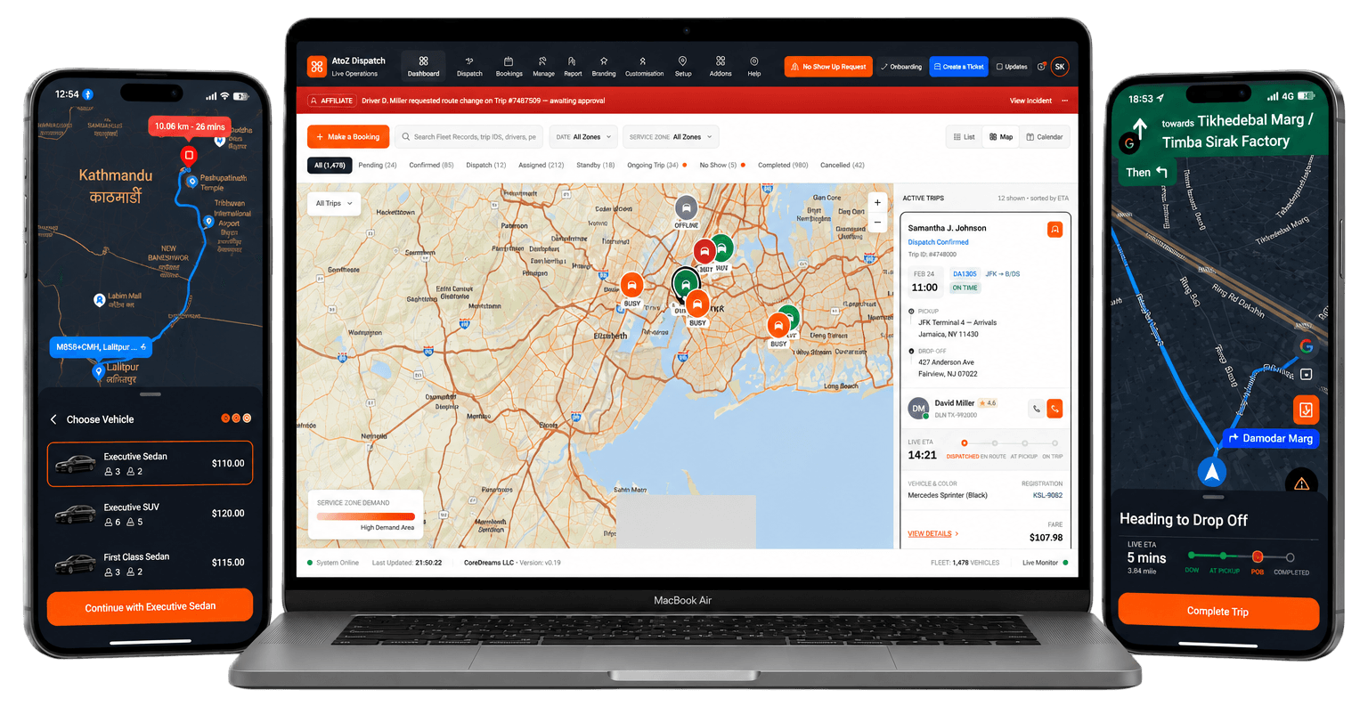 8 limo booking channels — app, web, phone, WhatsApp, QR code, Voice AI