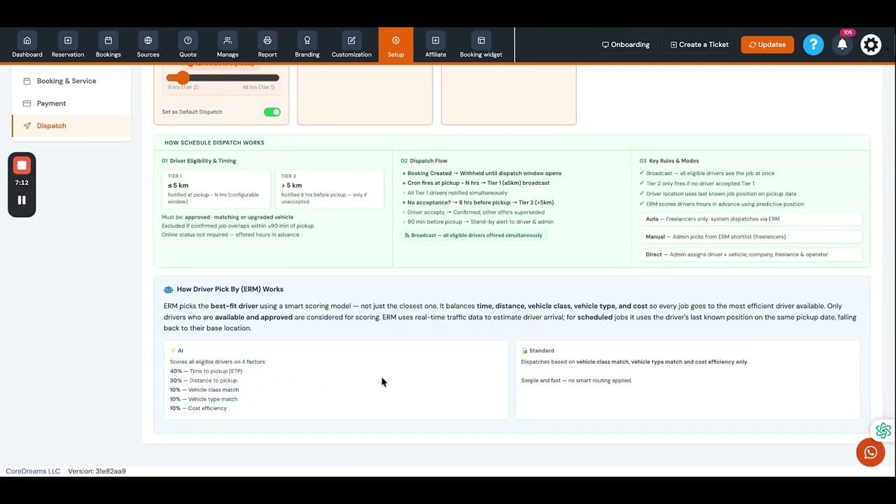 Schedule Booking, dispatch and setup